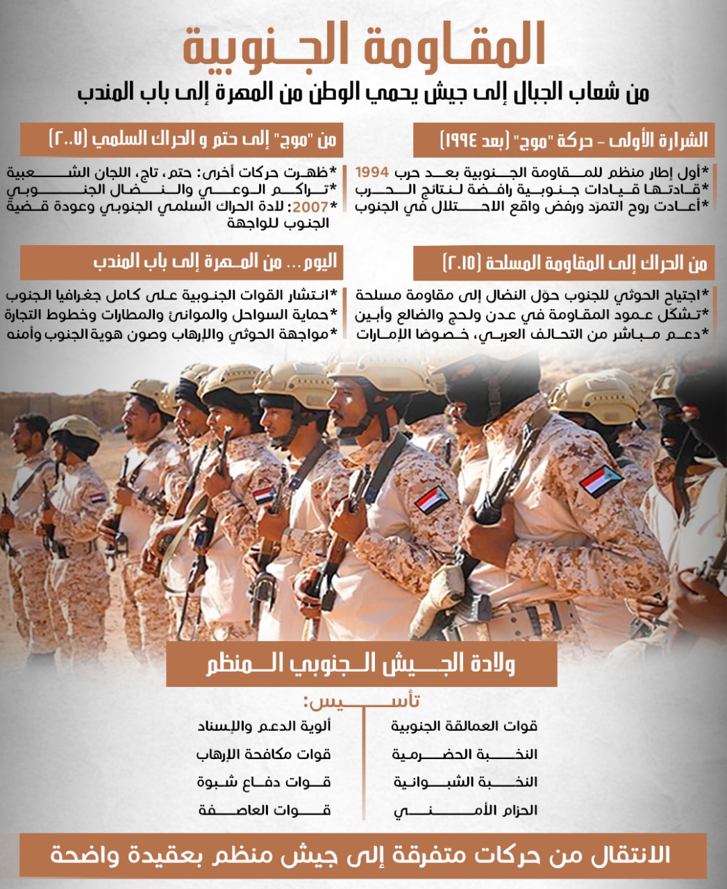 المقاومة الجنوبية من شعاب الجبال إلى جيش يحمي الوطن من المهرة إلى باب المندب 